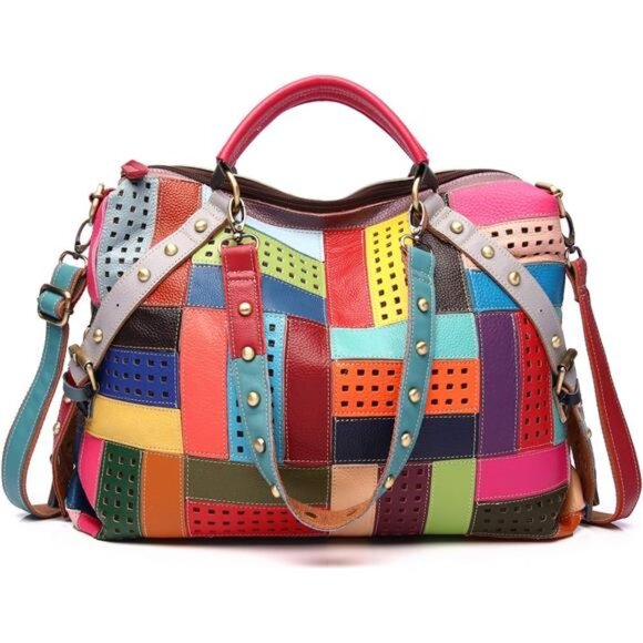 Women's Multicolor Tote Handbag Genuine Leather Random Color Hobo Shoulder Purse - Picture 1 of 8